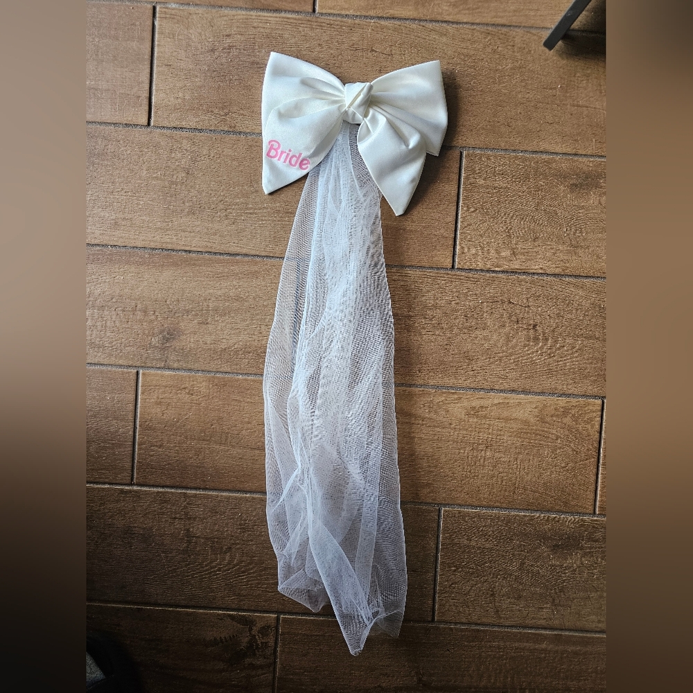 White Bridal Bow With Barbie Bride Font with Detachable Veil